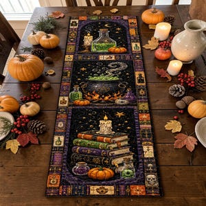 May include: A rectangular table runner featuring a dark purple and black Halloween-themed print with illustrations of a potion bottle, a bubbling cauldron over a fire, and a stack of old books topped with a lit candle, surrounded by pumpkins.