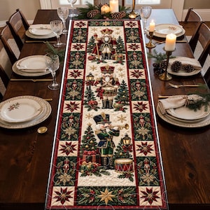 Nutcracker Soldiers Quilted Christmas Table Runner, Three Toy Soldiers with Drum and Trumpet, Traditional Holiday Dining Table Decoration