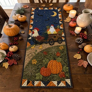 May include: A rectangular fabric table runner featuring a quilted scene of a rooster pulling a wooden wagon with a ghost and two chicks. The design includes a dark blue night sky with a crescent moon, bats, and a green foreground with pumpkins.