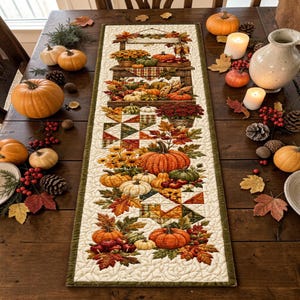 May include: A rectangular quilted table runner featuring a printed autumn harvest scene with pumpkins, colorful fall leaves, sunflowers, and a wooden stand. The design includes geometric quilt patterns in shades of orange, green, and cream.