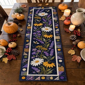 May include: A rectangular fabric table runner featuring a dark blue background with a central vertical pattern of white daisies, yellow coneflowers, purple lavender, and small bees. The border consists of a geometric patchwork of various floral prints.