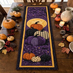 May include: A rectangular fabric table runner featuring a purple background with a yellow moon, black bats, and stars. The design includes several appliqued pumpkins in orange, black, white, and purple with various patterns like plaid and polka dots.