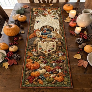 May include: A rectangular quilted table runner featuring a detailed autumn forest scene with a turkey, fox, rabbit, and hedgehog gathered around a table. The design includes pumpkins, mushrooms, and fall leaves in shades of orange, brown, and green.