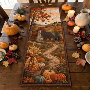 May include: A rectangular fabric table runner featuring a printed autumn landscape scene with a log cabin, a stone path, wheat sheaves, and pumpkins. The design includes warm orange, brown, and yellow tones, with quilted stitching details throughout.