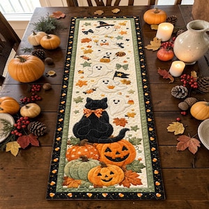 May include: A rectangular fabric table runner featuring a quilted design with a black cat wearing an orange polka dot bow, surrounded by white ghosts, orange pumpkins, and autumn leaves. The border is black with small orange candy corn patterns.