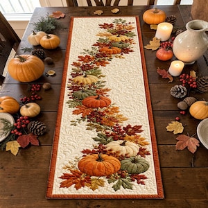 May include: A rectangular quilted table runner featuring a central winding pattern of autumn leaves, berries, and pumpkins in shades of orange, green, and cream, bordered by a thin rust-coloured trim on a cream-coloured fabric with swirling stitching.