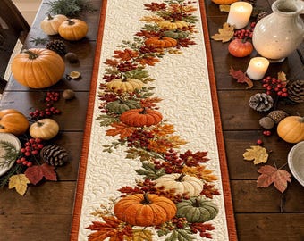 Cascading Maple Leaves Pumpkins Quilted Table Runner, Elegant Cream Patchwork Fall Kitchen Decor, Beautiful Autumn Housewarming Gift for Her