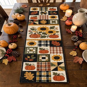 May include: A rectangular quilted table runner featuring a patchwork design of autumn-themed squares, including sunflowers, orange pumpkins, plaid patterns, and fall leaves in shades of orange, yellow, green, black, and white, arranged in a grid.