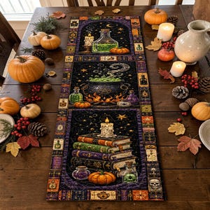 Può includere: Un runner da tavola rettangolare con una stampa scura a tema Halloween mistico, raffigurante un calderone ribollente, libri di incantesimi impilati, candele e boccette di pozioni, bordato da un motivo colorato di piccole icone magiche.