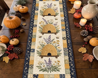 Beehive Bees Lavender Patchwork Quilted Table Runner Modern Farmhouse Kitchen Decor Custom Housewarming Gift Unique Bee Table Decoration