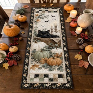 May include: A rectangular quilted table runner featuring a central print of a black cat resting in a basket, surrounded by white and green pumpkins, autumn leaves, and flying bats. The border has a black floral pattern with a checkered edge.