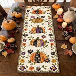 May include: A rectangular quilted table runner featuring a repeating pattern of five fabric pumpkins in various orange, yellow, purple, and black floral and geometric prints, surrounded by a border of colourful fabric flowers and green leaves.
