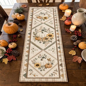 White Pumpkin Patch Quilted Table Runner Farmhouse Kitchen Decor Custom Housewarming Gift Autumn Thanksgiving Sunflower Table Decoration