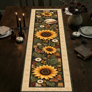 May include: A rectangular fabric table runner featuring a central panel with a printed design of large yellow sunflowers, green leaves, small white flowers, and butterflies against a dark background, bordered by a cream-colored quilted fabric.