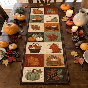May include: A rectangular quilted table runner featuring a patchwork design of autumn-themed squares, including illustrations of pumpkins, baskets, wagons, and fall leaves in shades of orange, green, brown, and cream with detailed stitching.