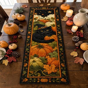 May include: A rectangular fabric table runner featuring a quilted design of a black cat wearing a witch hat, surrounded by orange pumpkins and autumn leaves on a dark background, centered on a wooden table with scattered decorative pumpkins.