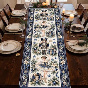 May include: A long rectangular table runner featuring a repeating pattern of nutcrackers, ballerinas, wrapped gifts, pine branches, and blue ornaments on a white background, framed by a dark blue border with white snowflake accents.