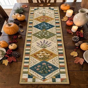 May include: A rectangular quilted table runner featuring a series of diamond-shaped panels, each displaying embroidered botanical illustrations of various flowers including daisies, lavender, and clover, bordered by a multi-colored striped fabric trim.