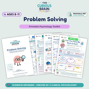 May include: A printable psychology toolkit titled The Curious Brain Toolkit: Problem Solving for ages 8-11. The set includes multiple white pages with blue and colourful text, brain illustrations, and worksheets designed to help children solve problems.