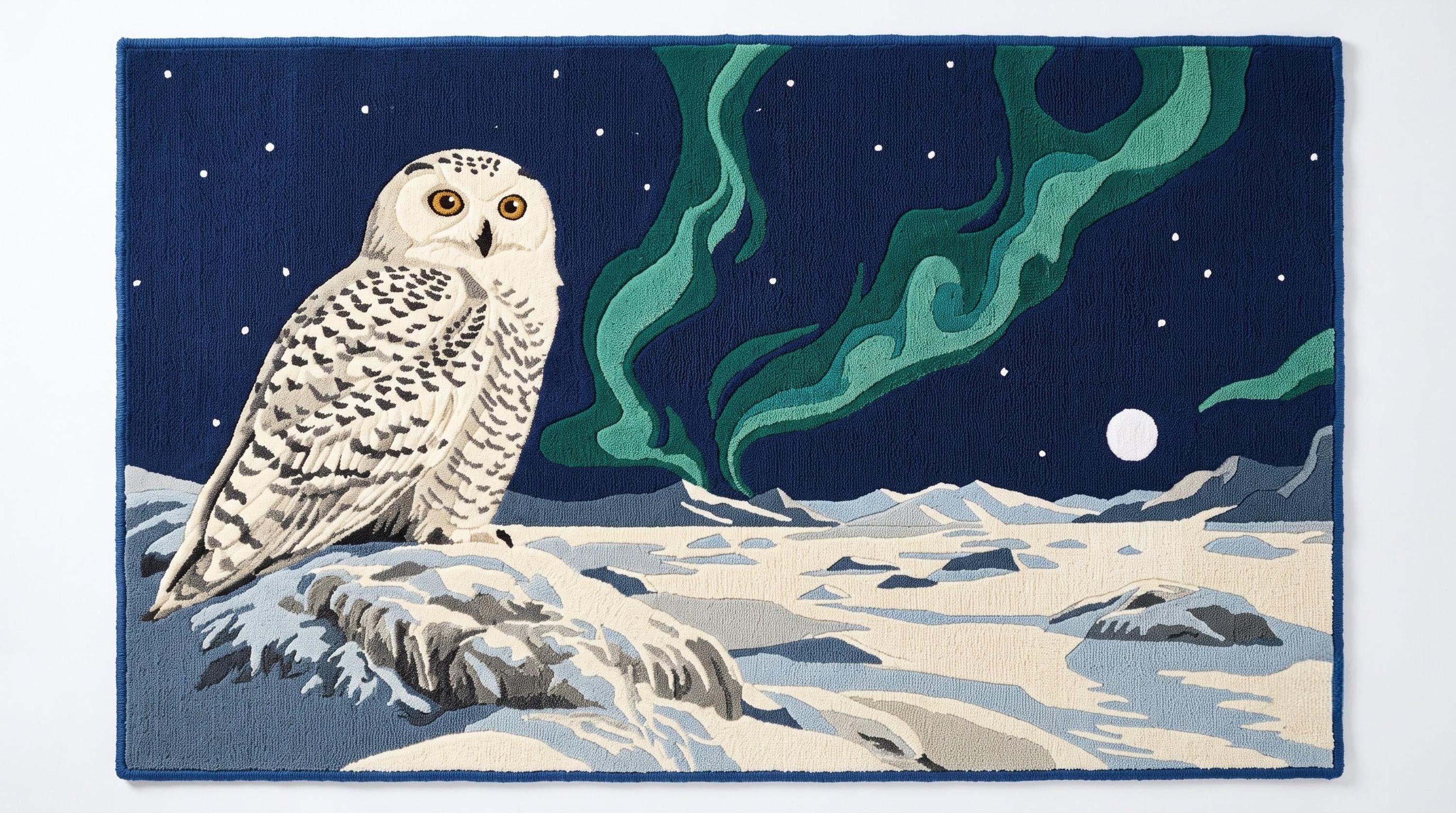 Snowy Owl Rug, Northern Lights Area Rug, Winter Landscape Carpet, Nature Inspired Room Decor, Hand T