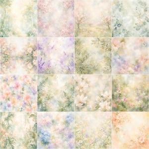 May include: A collection of sixteen square digital art panels featuring soft watercolor-style botanical illustrations. The images display various garden scenes with pastel-toned flowers, lush green foliage, blooming trees, and hazy, ethereal landscapes.