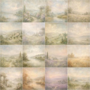May include: A grid of sixteen square panels featuring soft, impressionistic landscape paintings in muted pastel tones. The scenes depict rolling hills, calm rivers, lavender fields, and distant villas under hazy, light-filled skies with a painterly texture.