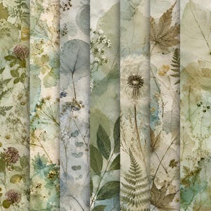 May include: A collection of vertical panels featuring botanical prints in shades of sage green, cream, and muted brown. The design displays pressed leaves, ferns, dandelion seed heads, and wildflowers layered over a textured watercolor background.