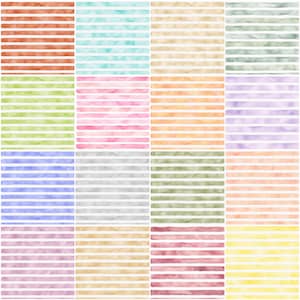 May include: A grid of sixteen square panels, each featuring horizontal stripes in a unique watercolor wash. The colors include shades of red, turquoise, beige, sage green, lime, pink, orange, purple, blue, gray, olive, peach, lavender, tan, maroon, and yellow.