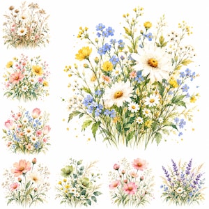 May include: A collection of watercolor illustrations featuring various wildflower bouquets. The arrangements include white daisies, blue forget-me-nots, yellow blossoms, pink cosmos, and purple lavender sprigs, all displayed against a plain white background.