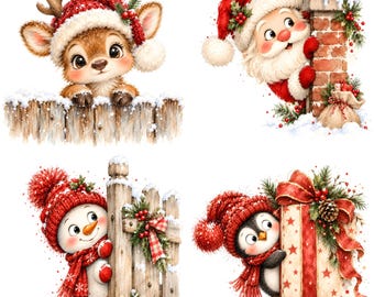 Puede incluir: Un conjunto de cuatro ilustraciones que muestran un reno con gorro rojo tras una valla, Santa Claus junto a una chimenea de ladrillo, un muñeco de nieve con bufanda roja y un pingüino con gorro y bufanda junto a un regalo.