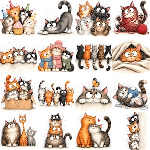 May include: A collection of sixteen illustrations featuring cartoon cats in various poses, including cats with party hats and a cupcake, playing with yarn, wearing winter scarves, hiding in a cardboard box, and cuddling together in groups.