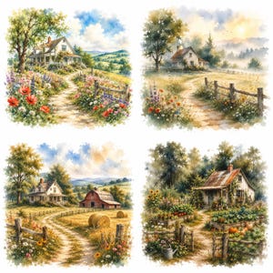 Puede incluir: Una colección de cuatro pinturas en acuarela que representan paisajes rurales. Las escenas muestran casas blancas, un granero rojo, caminos de tierra, cercas de madera, prados de flores silvestres, pacas de heno y un huerto con calabazas.