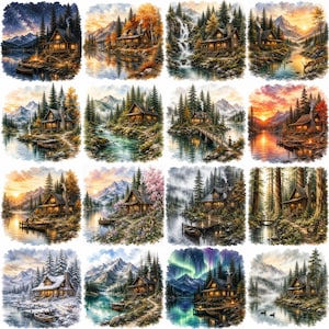 Akvarell mysig stuga Clipart-paket, rustika vildmarkslandskap, skogssjöstuga, bergstuga, kommersiellt bruk, scrapbook JPG-fil
