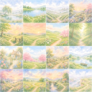 Puede incluir: Una colección de dieciséis pinturas de paisajes cuadradas con colores pastel suaves. Las escenas muestran colinas onduladas, caminos de tierra sinuosos, prados de flores, lagos tranquilos, pequeñas casas y árboles bajo cielos soleados y brumosos.