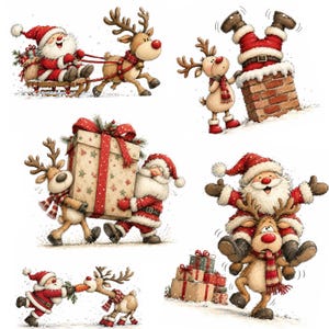 May include: A collection of Christmas illustrations featuring Santa Claus and reindeer. Scenes include Santa on a sleigh, a reindeer by a chimney, carrying a large gift, Santa riding on a reindeer, feeding a carrot, and a stack of wrapped presents.
