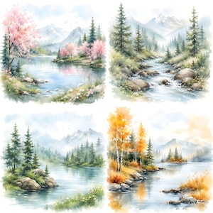 May include: A four-part watercolor illustration depicting seasonal landscapes. The scenes feature mountains, pine forests, and bodies of water, including a spring lake with pink blossoms, a summer stream, a misty forest lake, and an autumn river.
