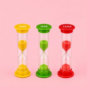 May include: Three cylindrical hourglasses with coloured plastic frames and matching sand. The yellow timer is marked 3M, the green timer is marked 5M, and the red timer is marked 10M. Each clear glass vessel contains fine sand in its respective colour.