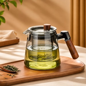 Puede incluir: Una tetera de cristal transparente con cuerpo cilíndrico, un infusor de cristal extraíble que contiene hojas de té verde y una tapa con un pequeño pomo de madera. La tetera tiene un asa negra con agarre de madera y un pico corto.