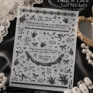 Black White Lace Nail Stickers, 3D Elegant Bow Ribbon Floral Script Letter Nail Decals