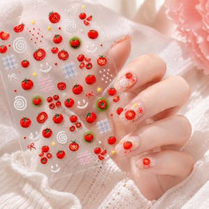 3D Jelly Tomato Grid Ribbon Nail Stickers Cute Red Fruit Smiley Nail Decals