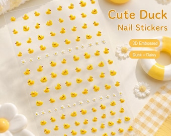 3Dエンボス加工の黄色いアヒルのネイルステッカー、かわいいゴム製のアヒルとデイジーの花のネイルデカール