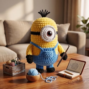 May include: A yellow and blue crocheted plush character with one large eye, wearing blue overalls and black gloves. It holds a crochet hook next to an open notebook with a sketch, a wooden bowl with blue yarn, and a small wooden crate containing spools of thread.