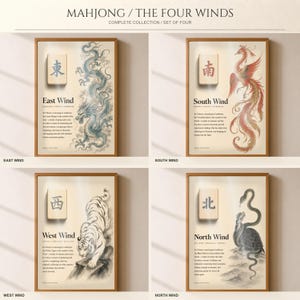 Può includere: Un set di quattro stampe artistiche da parete incorniciate intitolate Mahjong The Four Winds. Ogni stampa presenta una tessera del mahjong con un carattere cinese, l'illustrazione di una creatura mitica e un testo descrittivo per ogni vento.