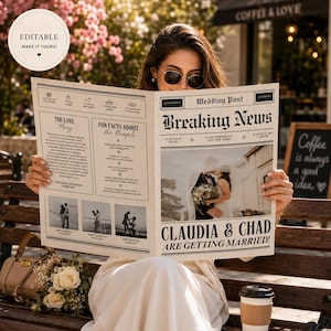 Può includere: Un modello di giornale di nozze personalizzato con il titolo Breaking News, Claudia & Chad Are Getting Married, che include sezioni per la storia d'amore, curiosità e segnaposto per foto, con un design vintage in bianco e nero.