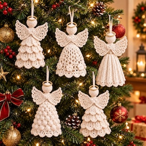 May include: Five off-white crochet angel ornaments hanging on a Christmas tree. Each angel features a detailed crocheted dress, textured wings, and a small gold-colored halo. The designs vary in stitch patterns, including layered scales, floral motifs, and ribbed textures, all suspended by white loops.