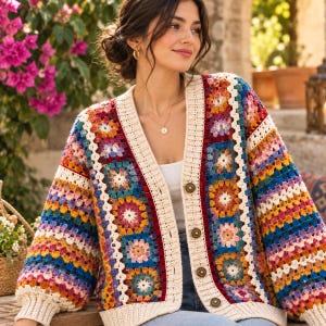 Könnte beinhalten: Eine langärmelige Häkelstrickjacke mit einem lebendigen Granny-Square-Muster in Blau-, Gelb-, Rosa- und Rottönen. Das Kleidungsstück hat einen cremefarbenen Rippsaum am V-Ausschnitt, an den Ärmelbündchen und am Saum, verschlossen mit vier dunkelbraunen Knöpfen.