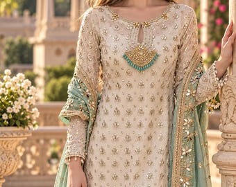 Pakistaanse damesfeestkleding: Shalwar Kameez met dupatta, handgemaakt geborduurd formeel Punjabi-pak, etnische kleding
