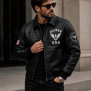 Avirex Leather Jacket Black Sport Riding Biker Streetwear Patchwork Motorcycle Riding Jacket for Men