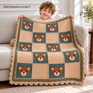Haakpatroon voor een babydekentje met teddybeer (PDF), tutorial voor turquoise patchwork.