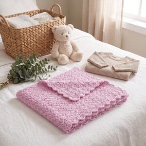 Può includere: Una coperta per neonati all'uncinetto rosa chiaro con bordo smerlato, un maglione in maglia beige, un orsacchiotto marrone chiaro, un cesto di vimini intrecciato contenente tessuti bianchi piegati e un rametto di eucalipto verde su un letto bianco.